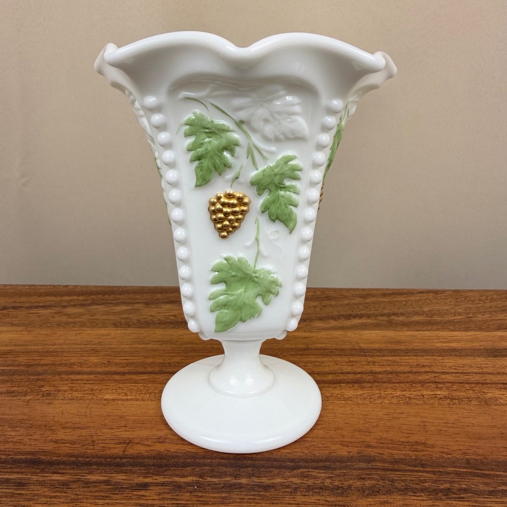 Westmoreland Milk Glass Paneled Grape Vase Hand Painted Green Gold Footed 6.25"
